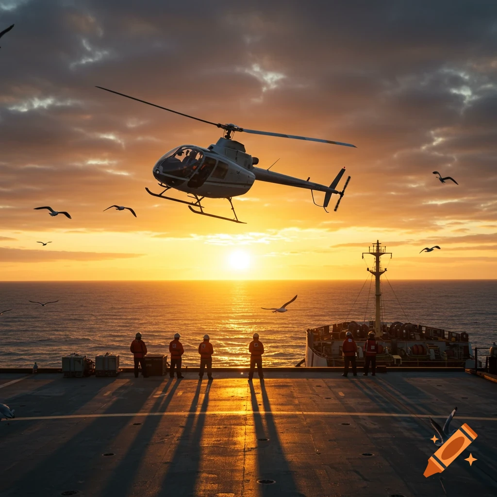 A helicopter flies over the ocean towards a cargo ship at sunset, with crew waiting on the deck.