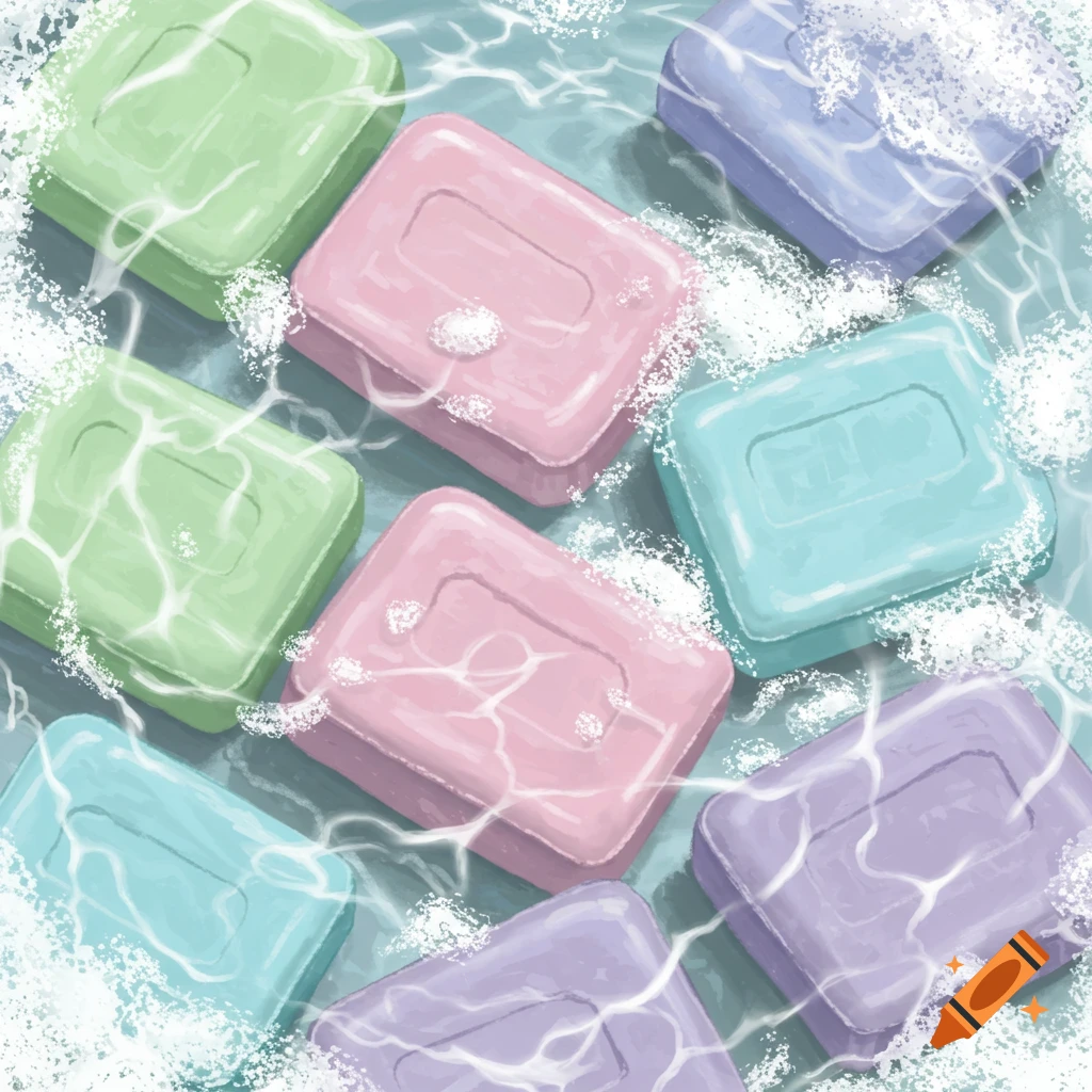 Colorful soap bars floating in water with lather