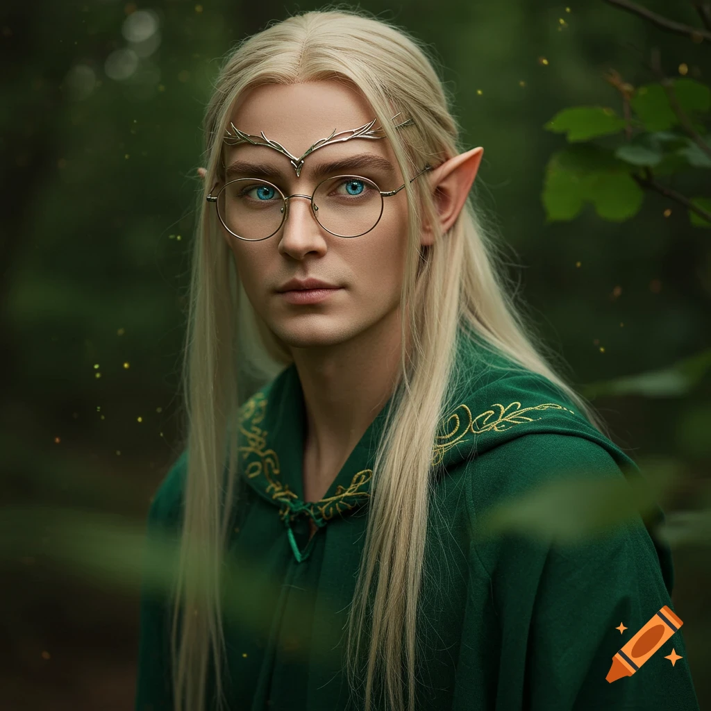 Photorealistic portrait of an elf with blonde hair, blue eyes, glasses, and green hooded cloak in a forest.