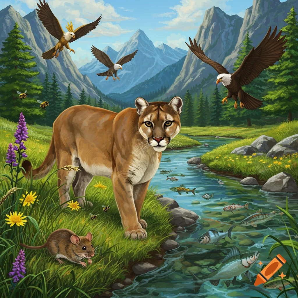 A mountain lion, mouse, fish, eagles, and bees are in a river valley with mountains.