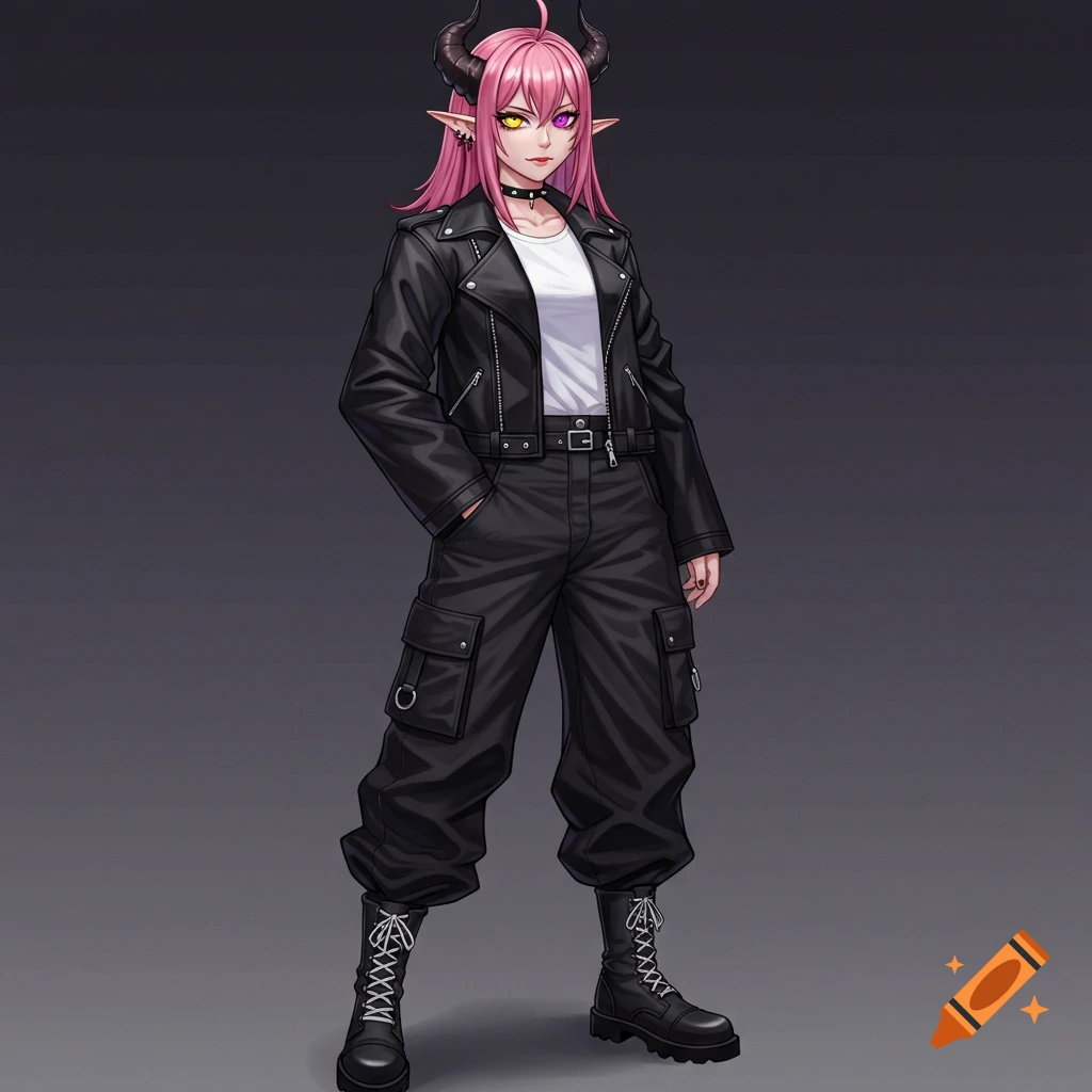Anime style character with pink hair in ripped jeans and black jacket ...