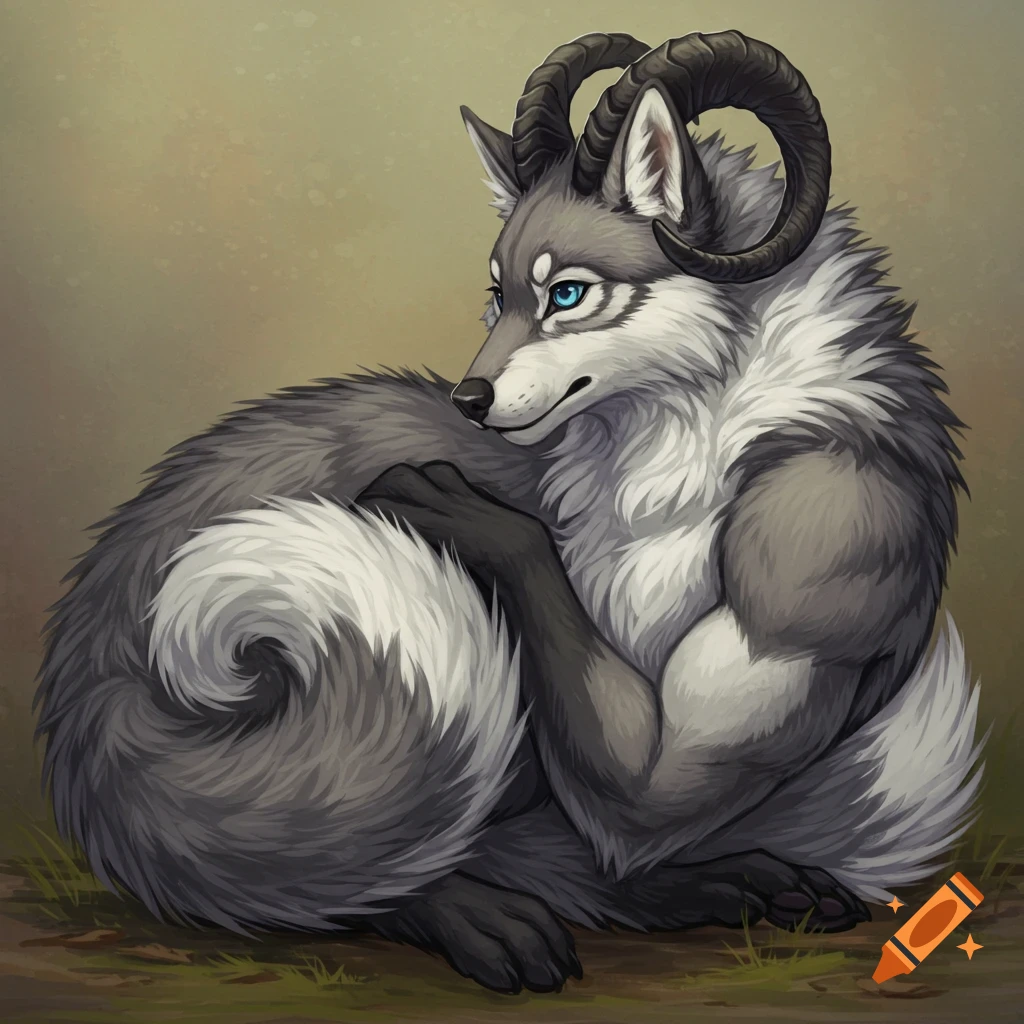 A curled up gray and white wolf-goat hybrid with horns, blue eyes, and a fluffy tail.