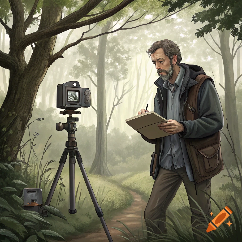 Bearded man with clipboard and pen next to a camera on tripod in a misty forest clearing, illustrative style.