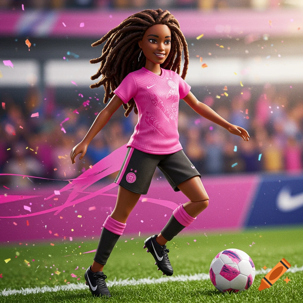 A Barbie-like Black soccer player with dreads in a pink jersey, kicking a pink soccer ball on a field.