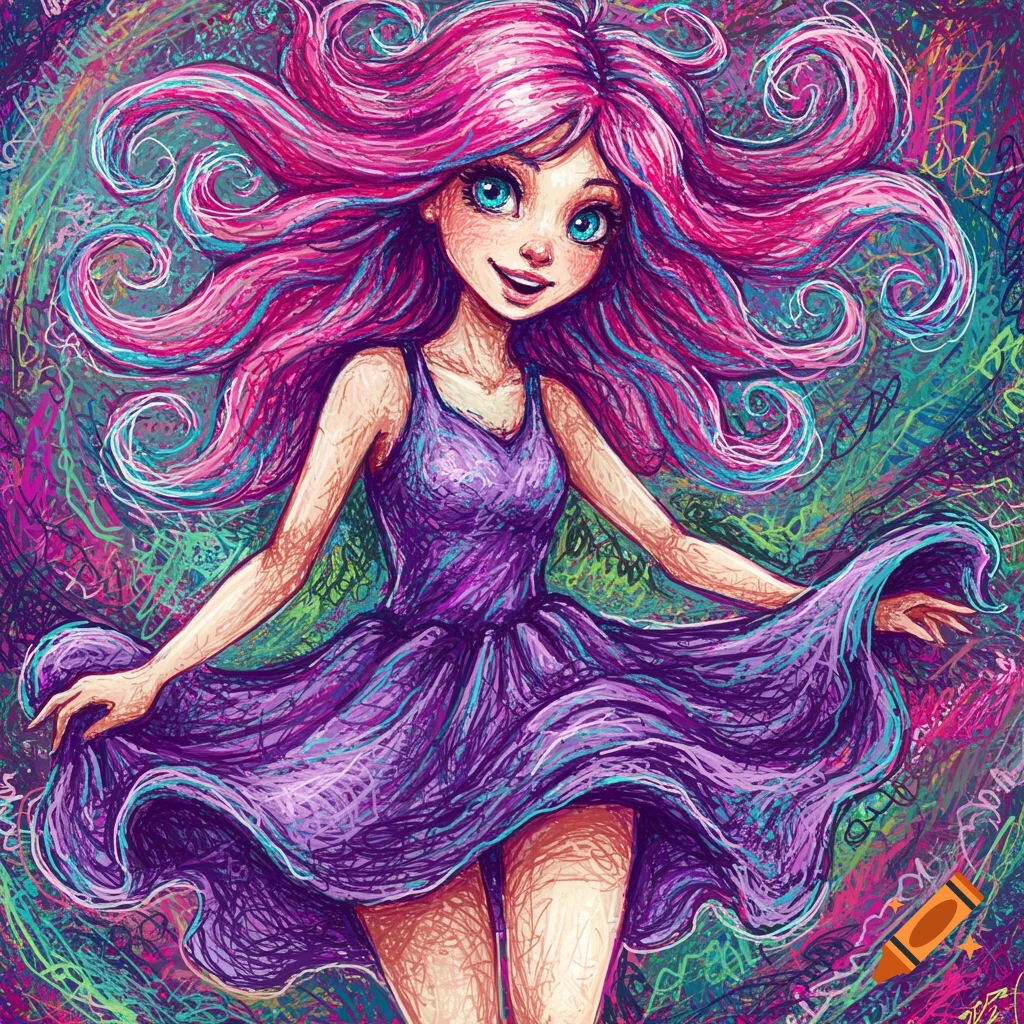 Girl with pink and blue hair in purple dress in vibrant scribbly art style.