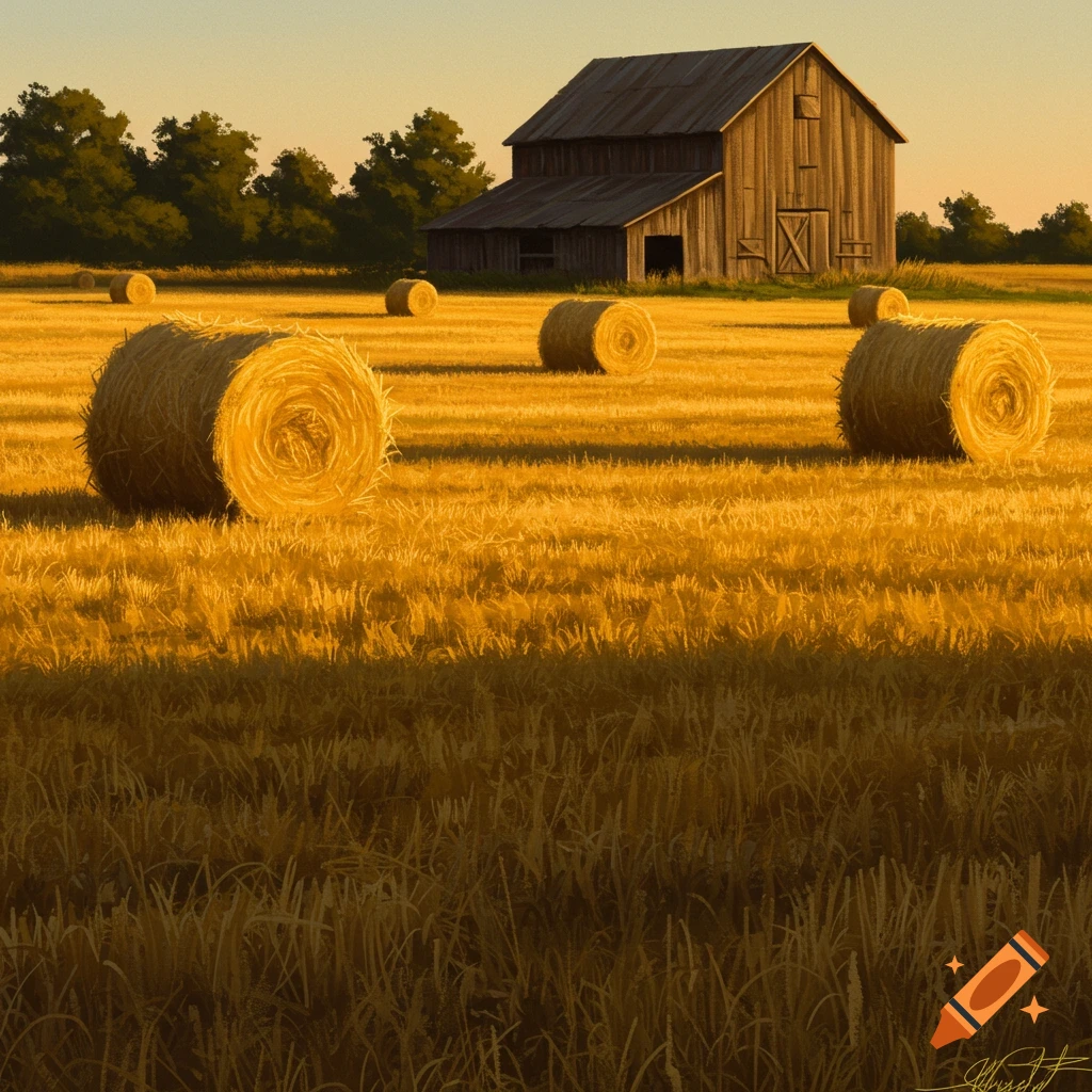 A barn in a field with hay bales at sunset.