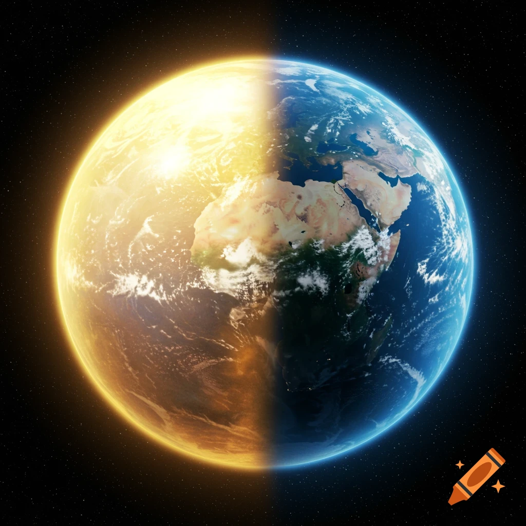 A split view of Earth from space, one side illuminated in golden light, the other showing landmasses and city lights at night.