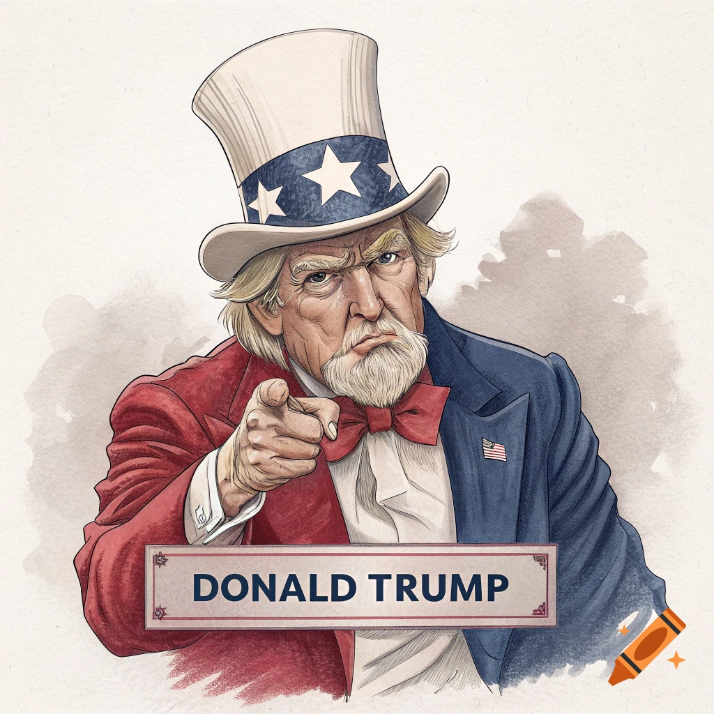 A stylized illustration of Donald Trump dressed as Uncle Sam, pointing directly at the viewer, with a nameplate that reads "DONALD TRUMP".