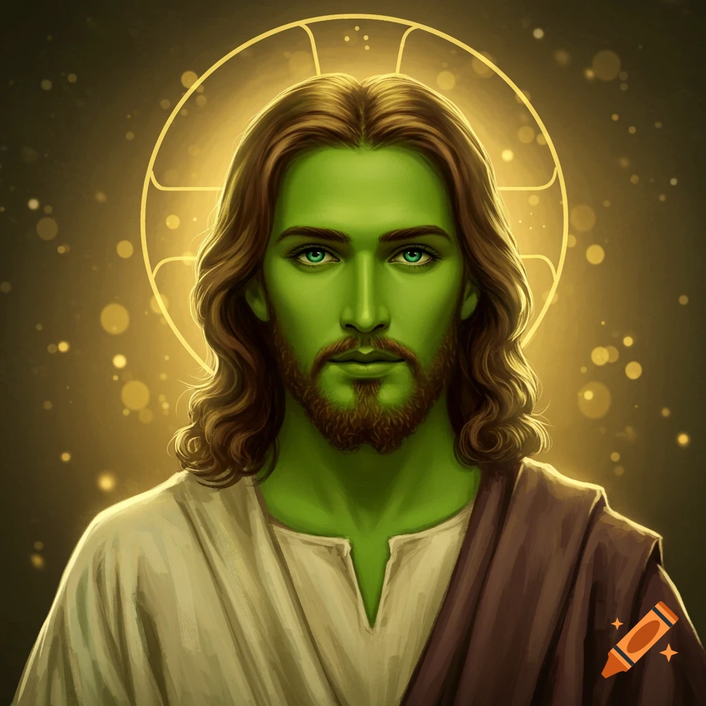 Green-skinned Jesus with halo and ethereal glow.