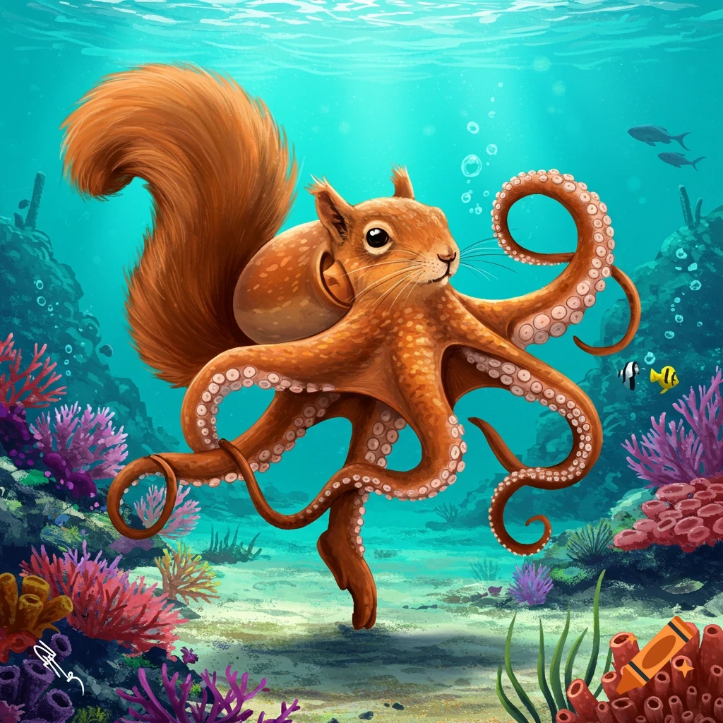 A squirrel-octopus creature striking a pose on an underwater coral reef with fish.