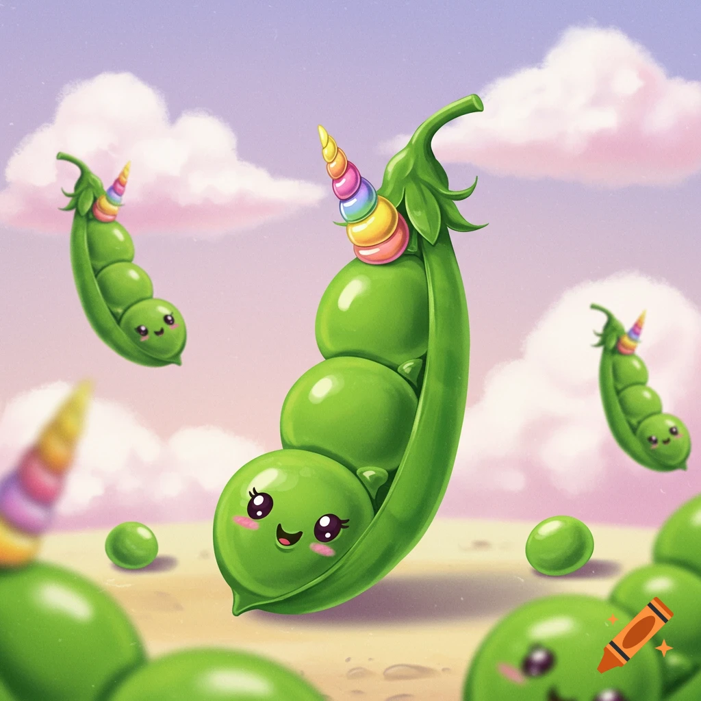 Cute peas with rainbow unicorn horns floating in a sandy, cloudy scene.