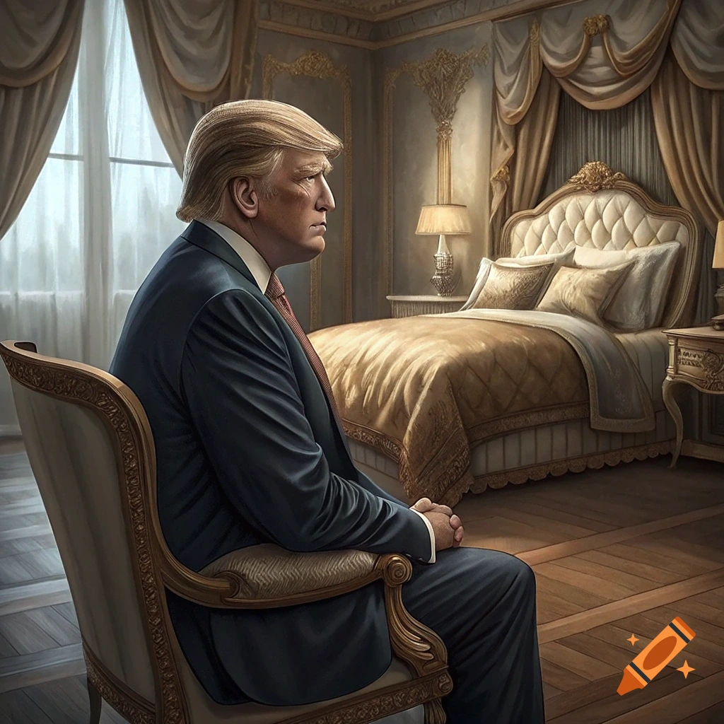 Donald Trump sitting in a chair facing a bed in an ornate bedroom.