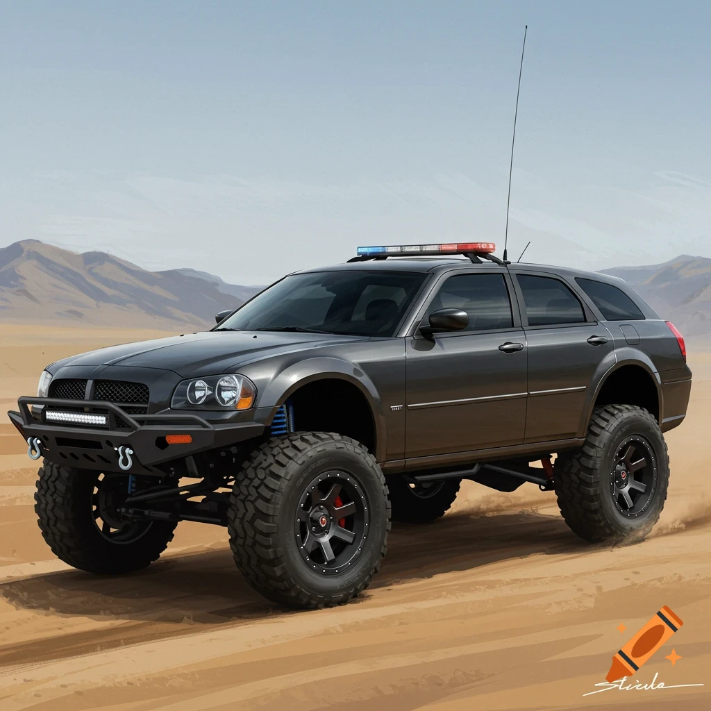 A lifted, off-road Dodge Magnum police wagon in a desert setting.