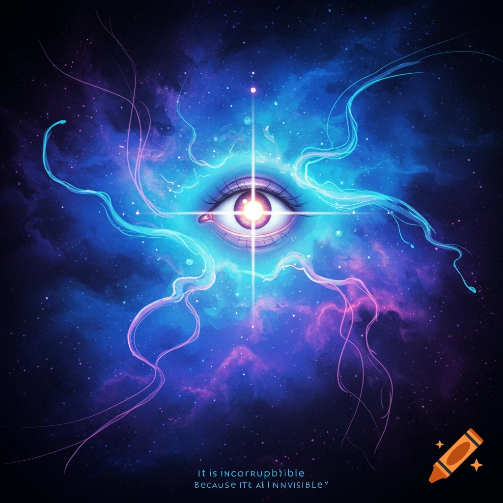An eye in the center of swirling purple and blue cosmic dust and stars, with glowing light trails radiating outwards.