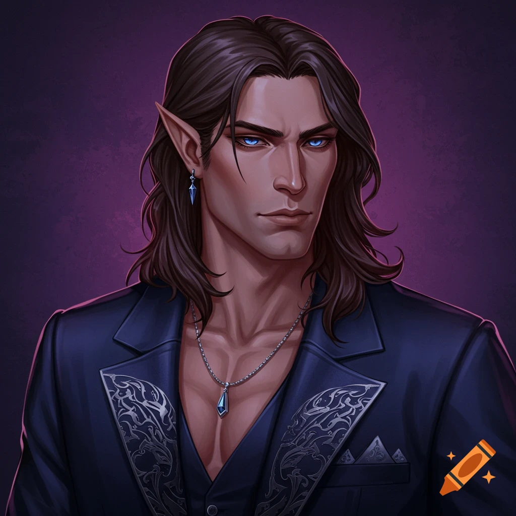 Portrait of a male character with long brown hair, blue eyes, and pointed ears wearing a dark suit.