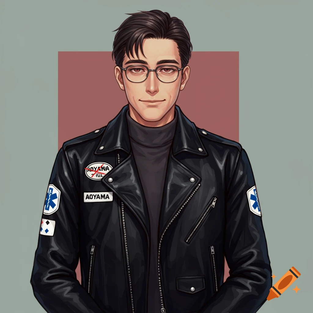 Anime style portrait of a man with glasses and brown hair wearing a black leather jacket with patches.