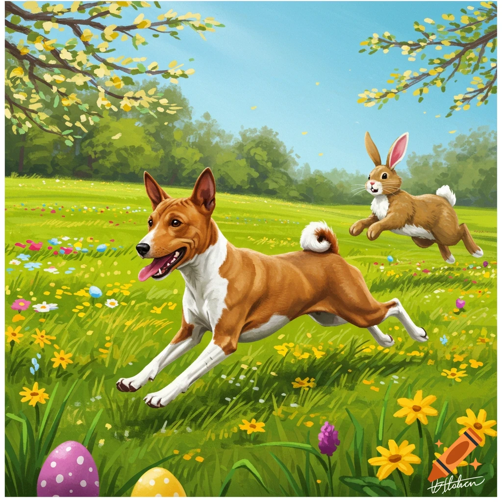 A Basenji dog chasing an Easter bunny through a field with Easter eggs.