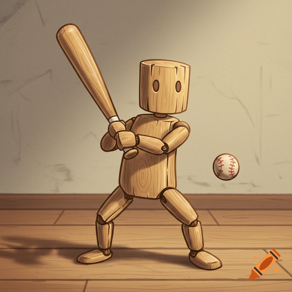 A wooden figure swings a baseball bat at a baseball.