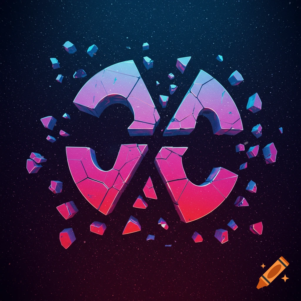 A broken, fractured abstract symbol in pink and blue floats against a dark starry background.