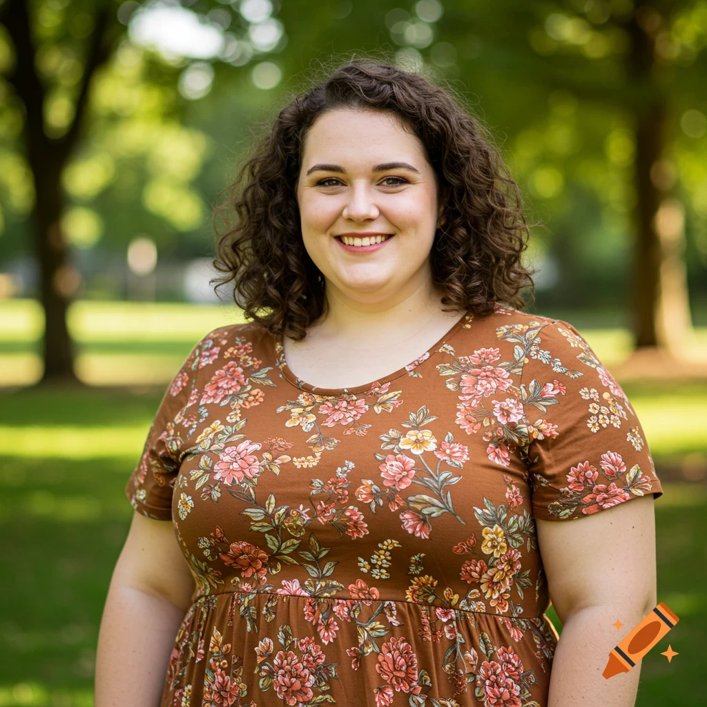 A woman with curly brown hair smiles at the camera in a park.