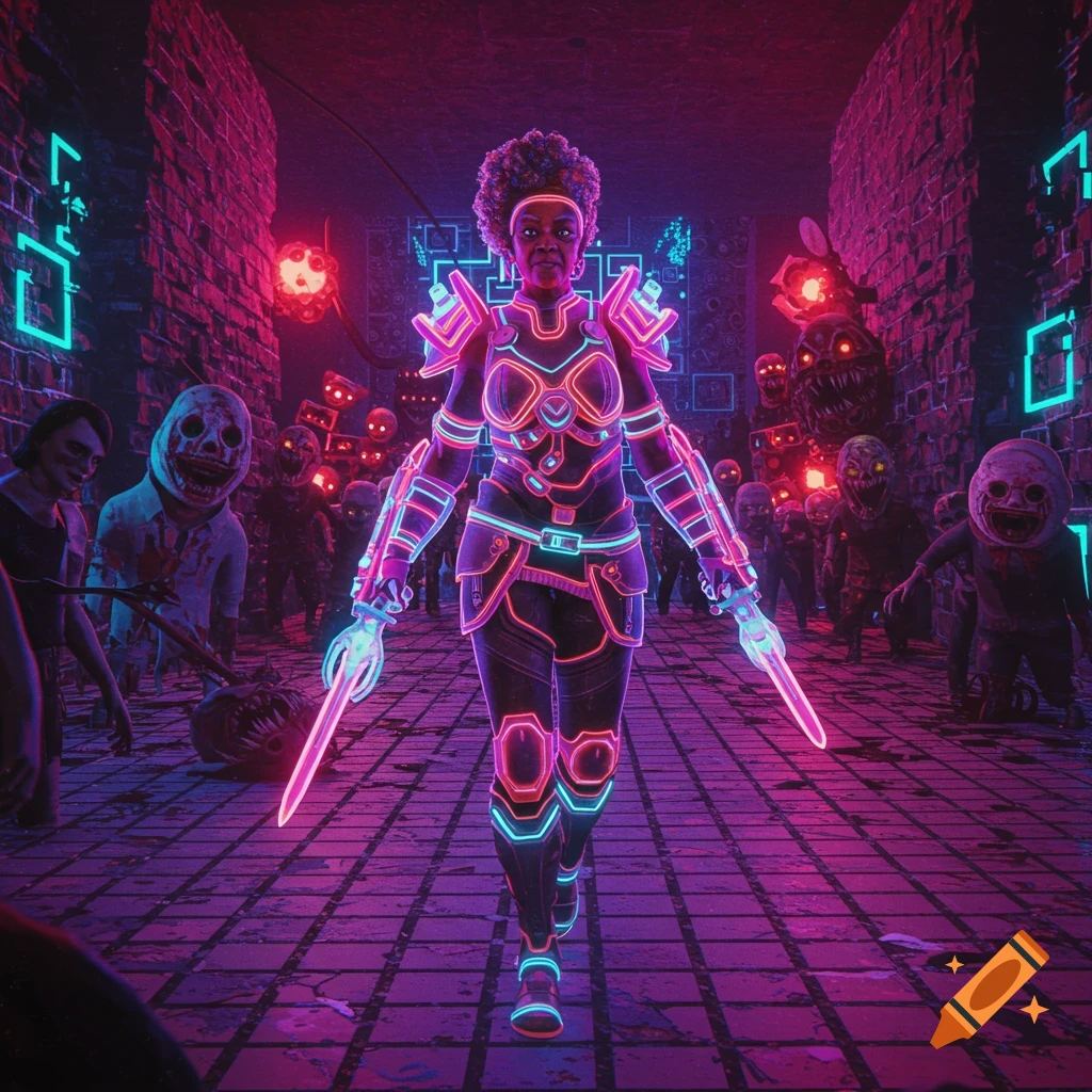 Cyberpunk warrior woman with glowing swords walks through a neon-lit alley filled with stylized monsters and horror.
