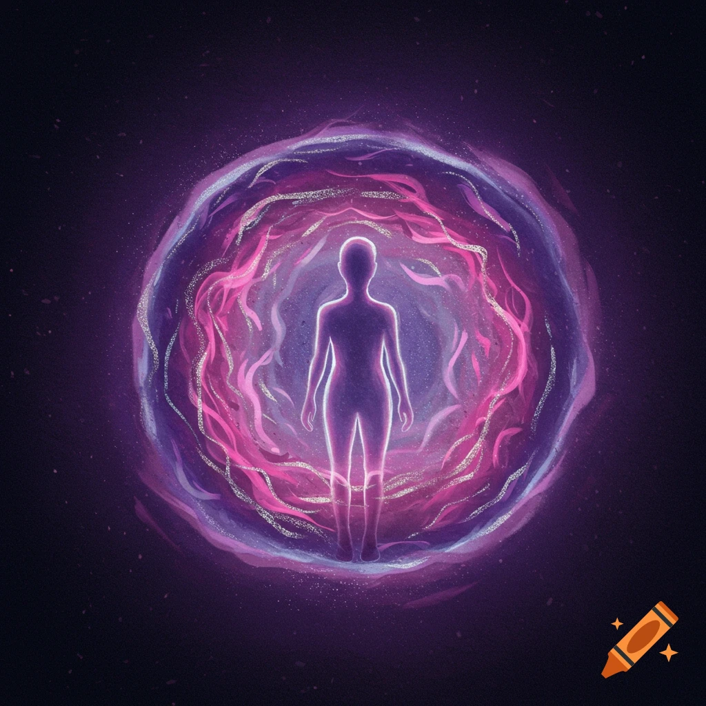 A glowing silhouette within a swirling pink and purple aura circle on a dark background.