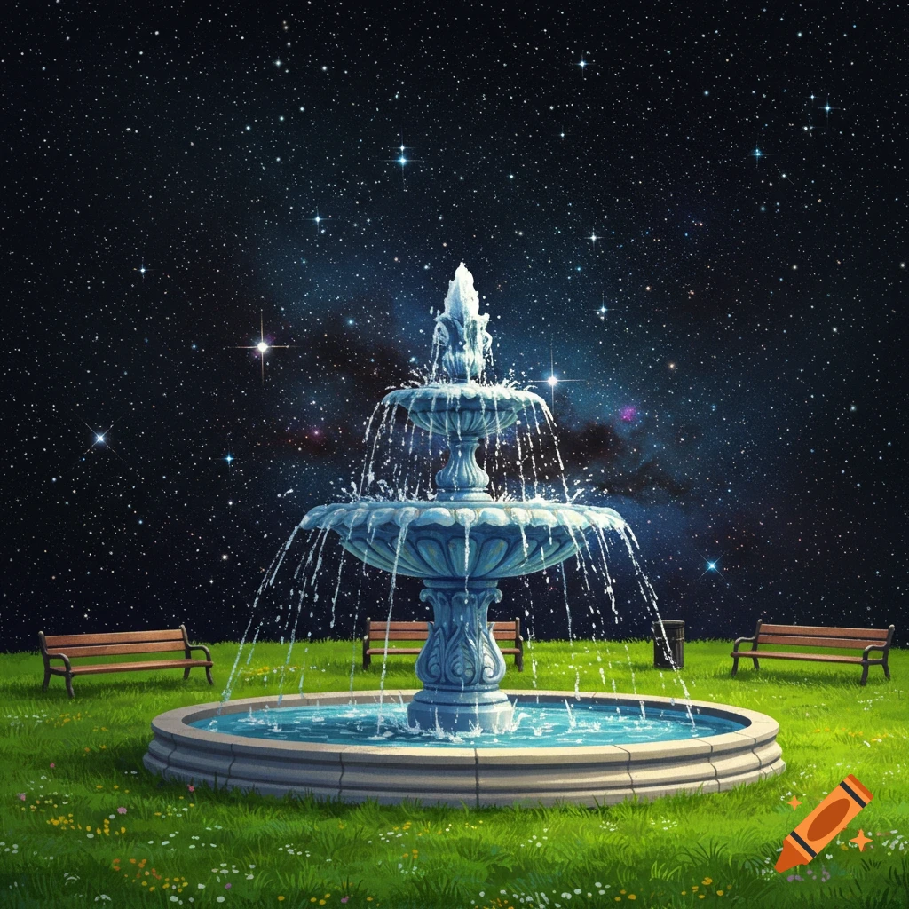 A fountain and benches sit in a park under a starry night sky.