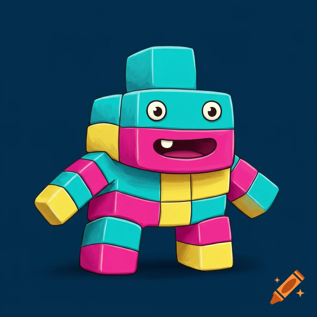 A colorful monster made of teal, pink, and yellow blocks.