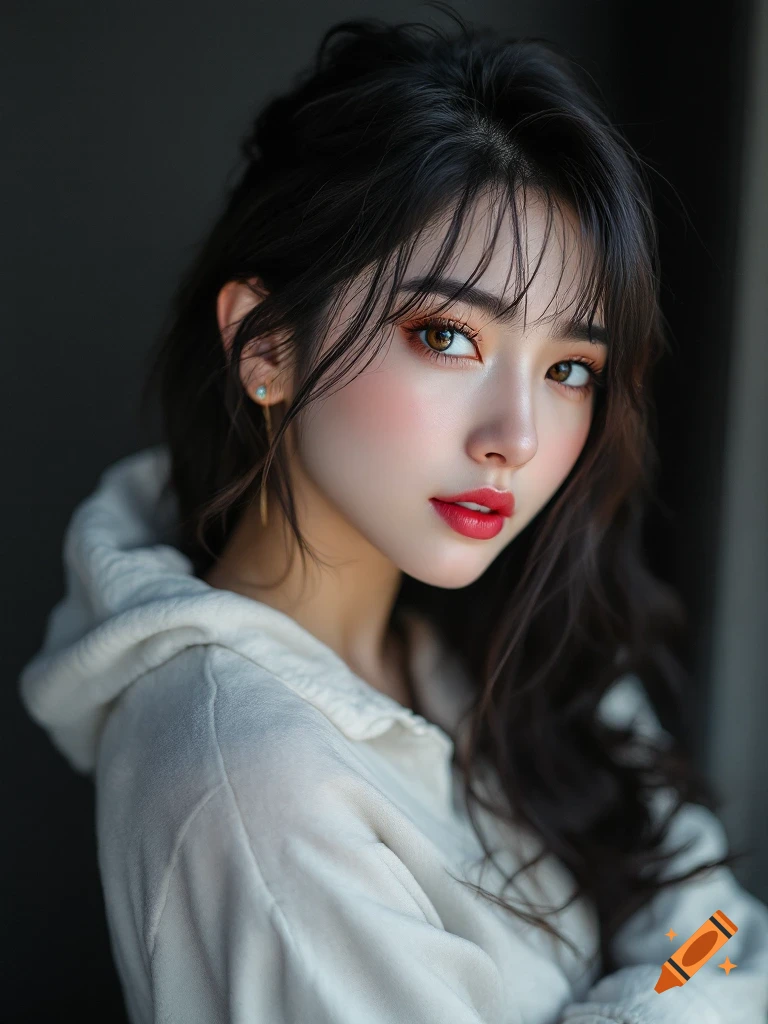 Close-up photorealistic portrait of a young woman in a white hoodie looking at the camera.