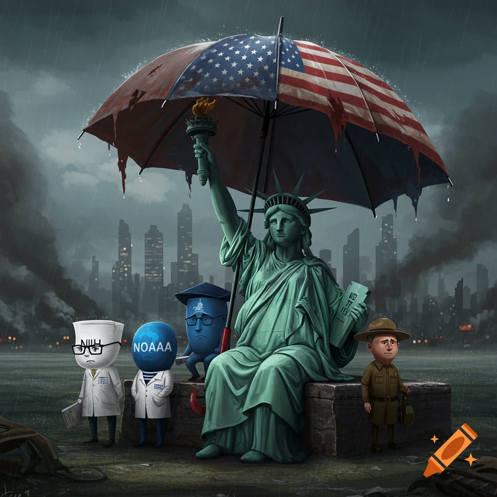 Statue of Liberty and personified US agencies sitting under an umbrella in a rainy, dystopian city.