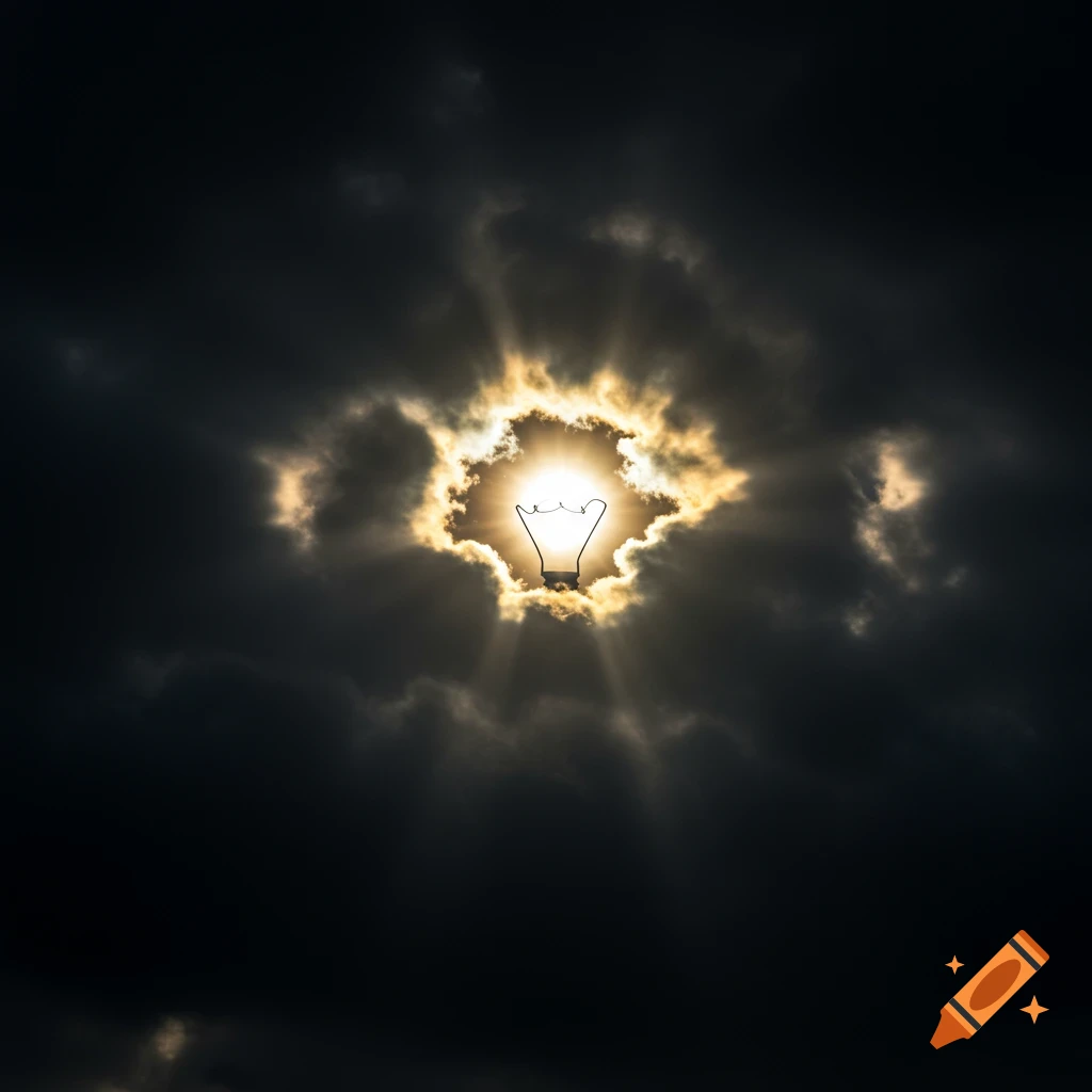 A light bulb silhouette against bright sun rays breaking through dark clouds.