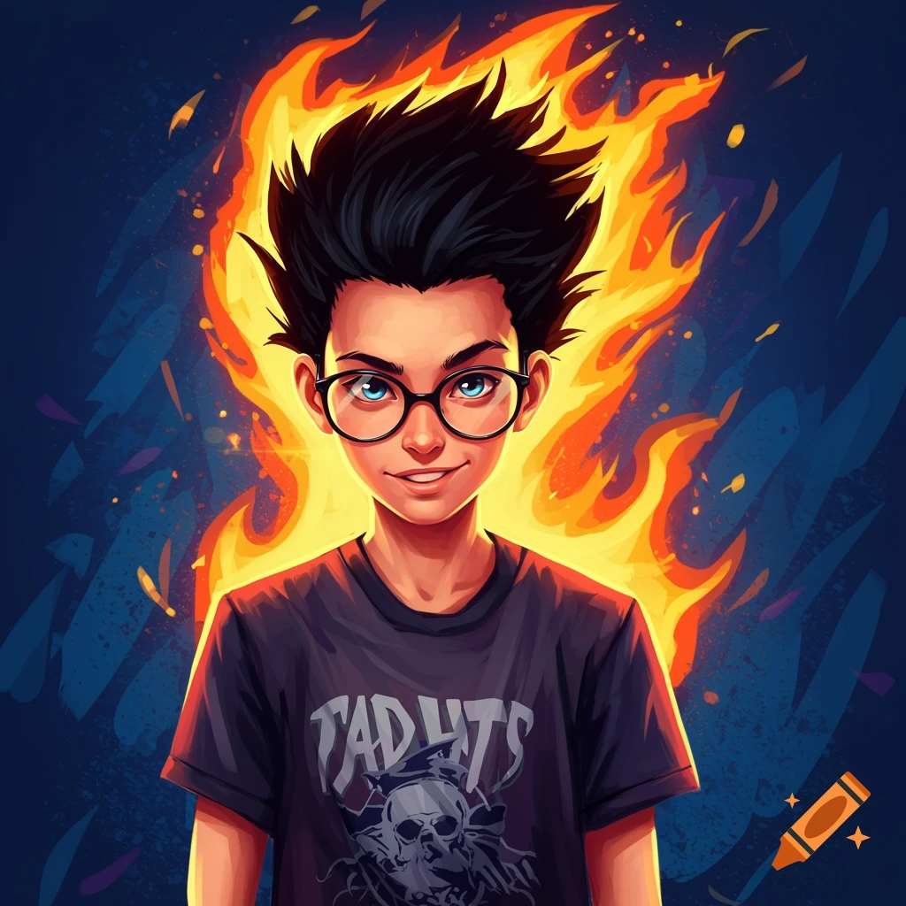 Teenage boy with spiky hair and glasses engulfed in stylized flames, wearing a graphic t-shirt, comic book style