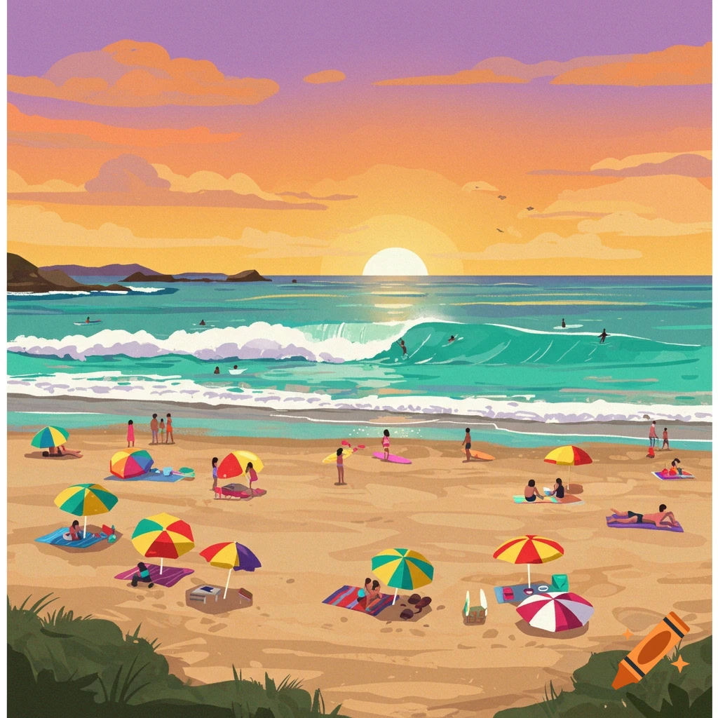A stylized image of a crowded beach at sunset with waves and surfers.