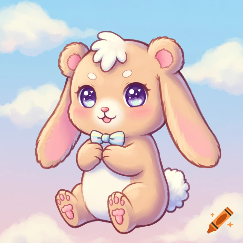 A cute cartoon bunny bear with big purple eyes and a bow tie sits among clouds in a pastel sky.