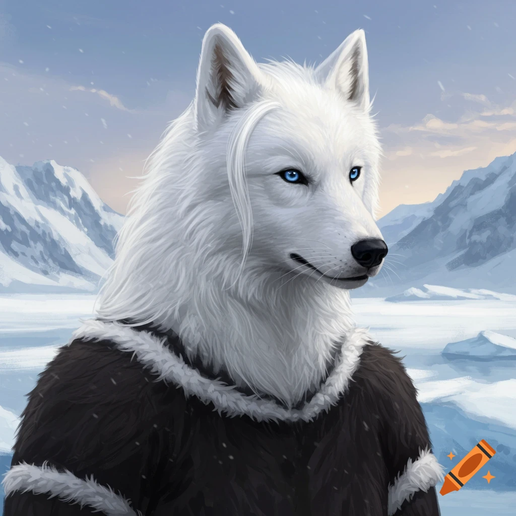 A white wolf-like creature with blue eyes wears a fur outfit in an arctic landscape.