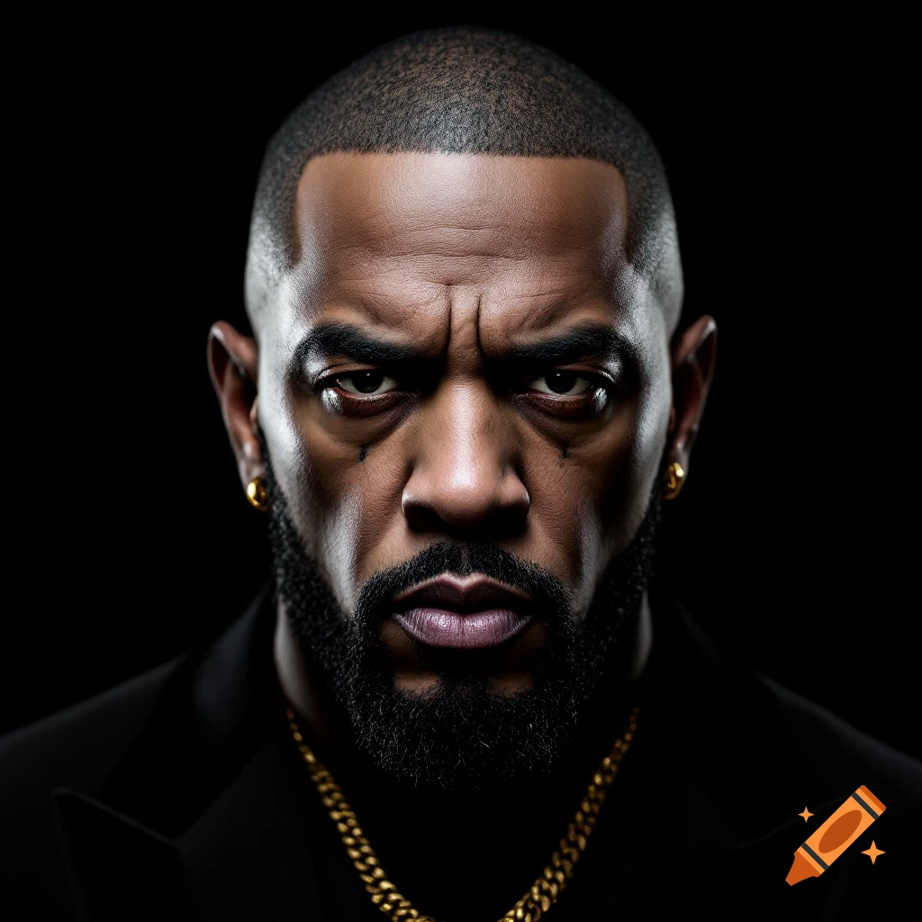 Close-up portrait of a man with an intense expression, beard, suit, and gold chain against a black background.