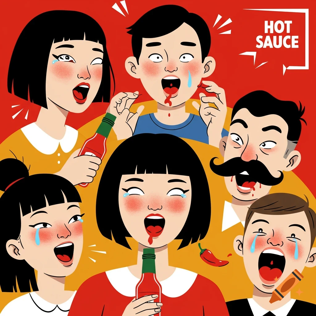 Vector illustration of six people crying and spitting out hot sauce.