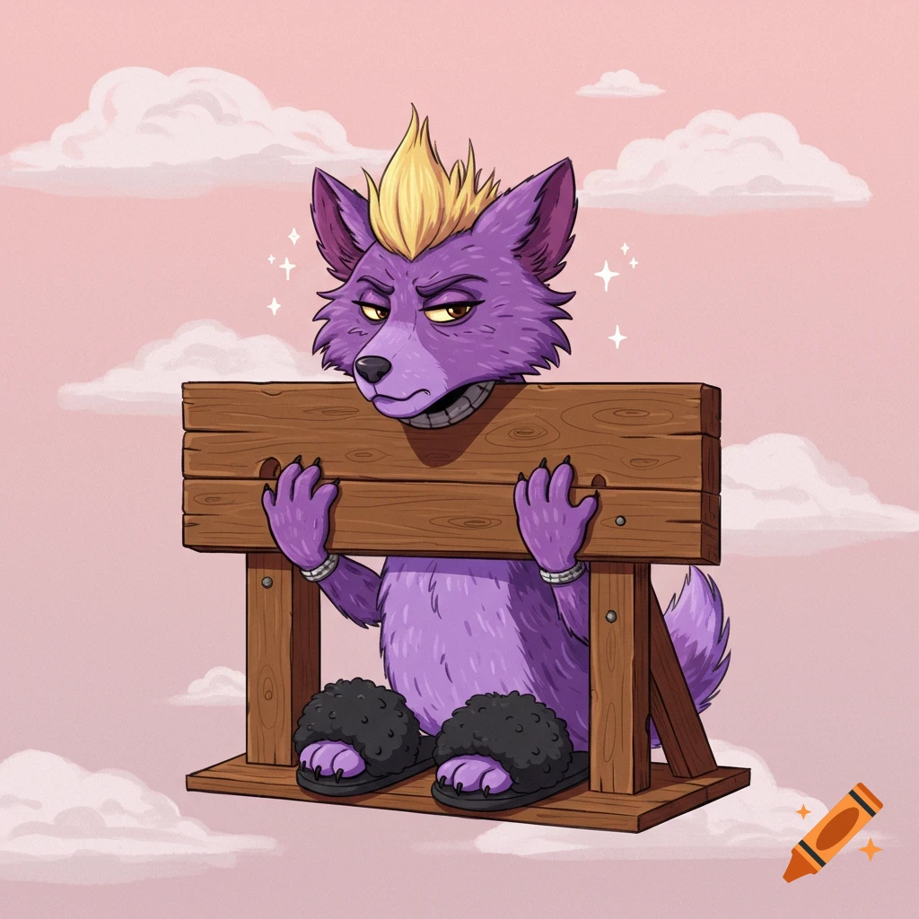Purple wolf-like creature in a pillory wearing fuzzy black slippers.