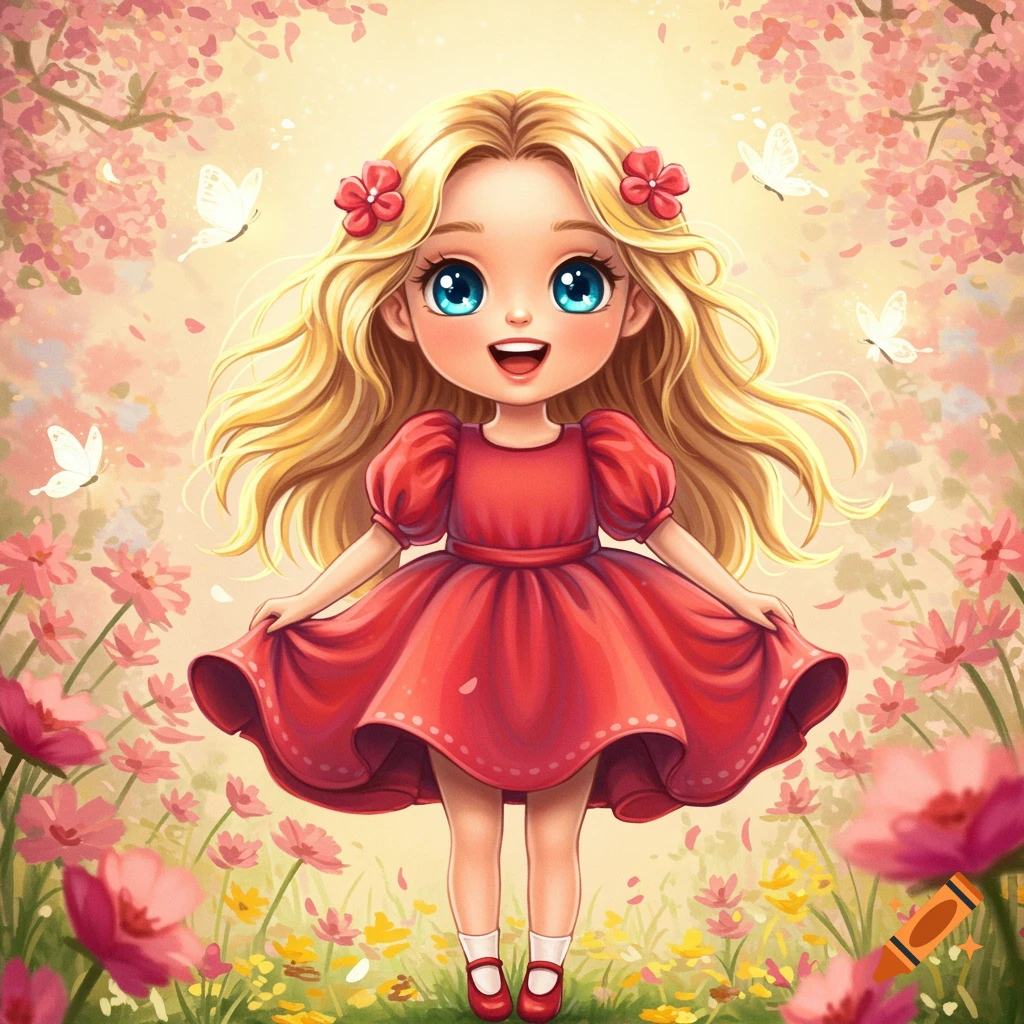 Cute girl in red dress in flower field with butterflies, whimsical.