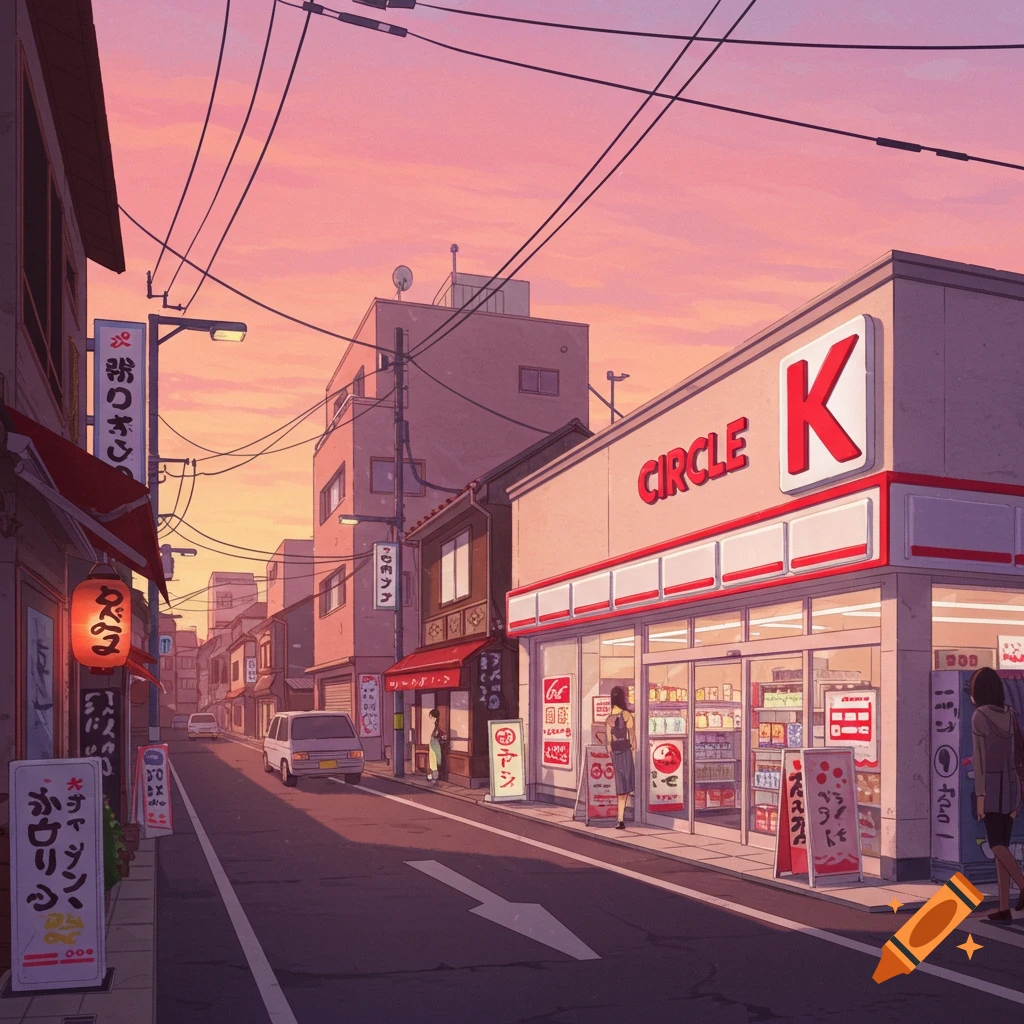 A street scene in Japan with a Circle K convenience store at sunset.