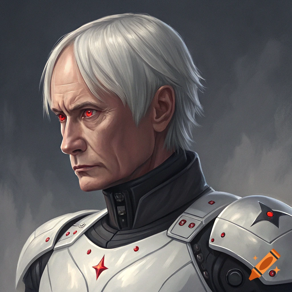 Portrait of a man with white hair and red eyes wearing white futuristic armor.
