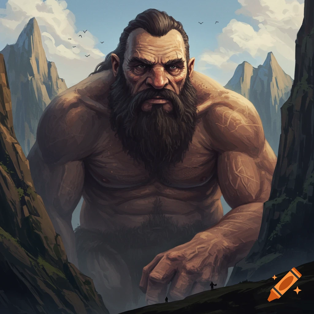 A giant figure stands in a sweeping mountain landscape, with tiny figures visible below.