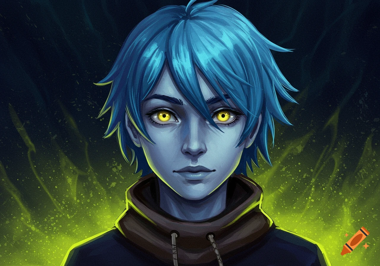 A character with blue hair, yellow eyes, and gray skin wearing a dark hoodie, against a dark background with glowing green effects.
