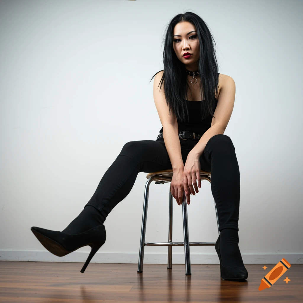 A woman with black hair and alternative clothing sits on a stool.