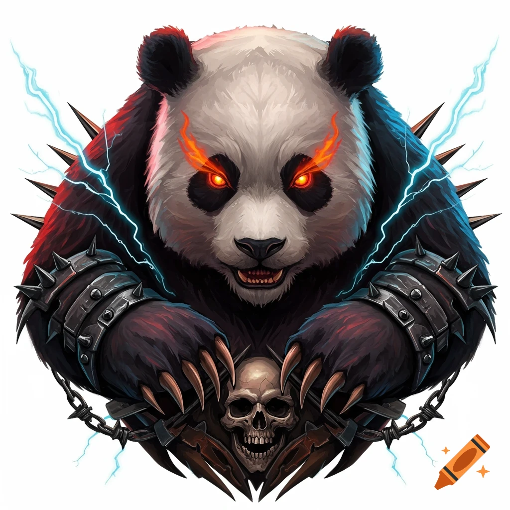 A heavy metal style illustration of a panda with glowing eyes, spikes, chains, and a skull.