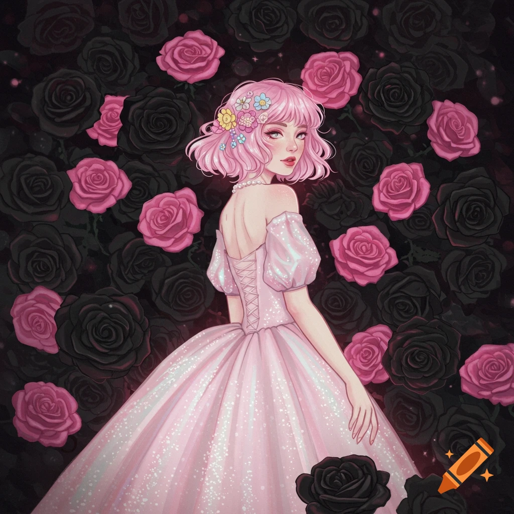 A pink-haired woman in a pink dress is surrounded by pink and black roses