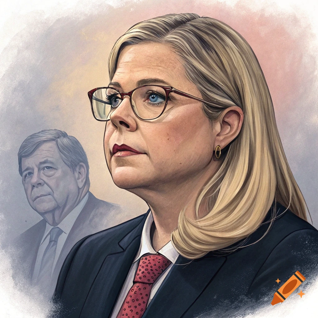 Stylized illustration of a blonde woman in glasses, suit, and tie, with a man blurred in the background.