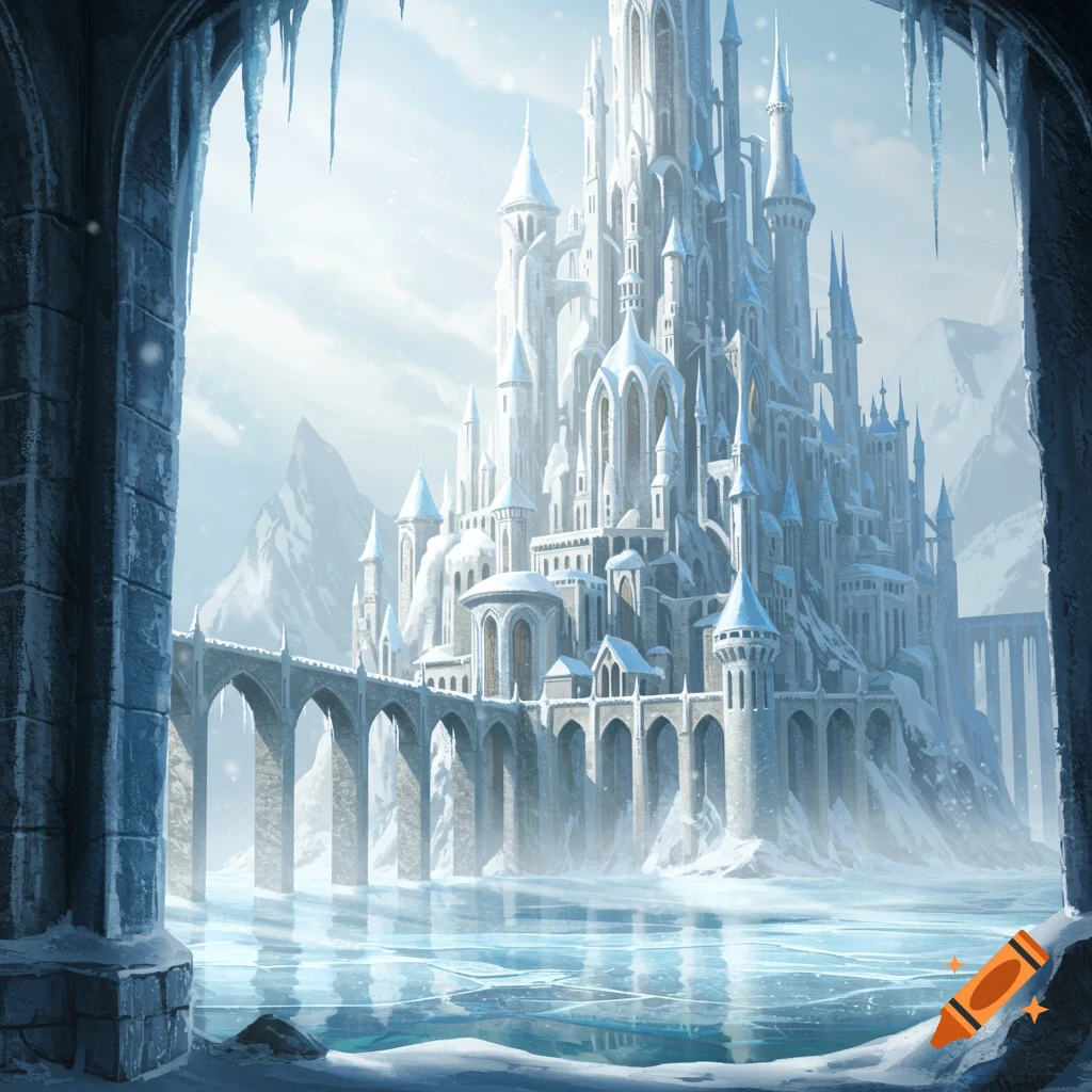 A grand, icy white castle on a snowy mountain reflected in a frozen lake, framed by an icy stone archway.