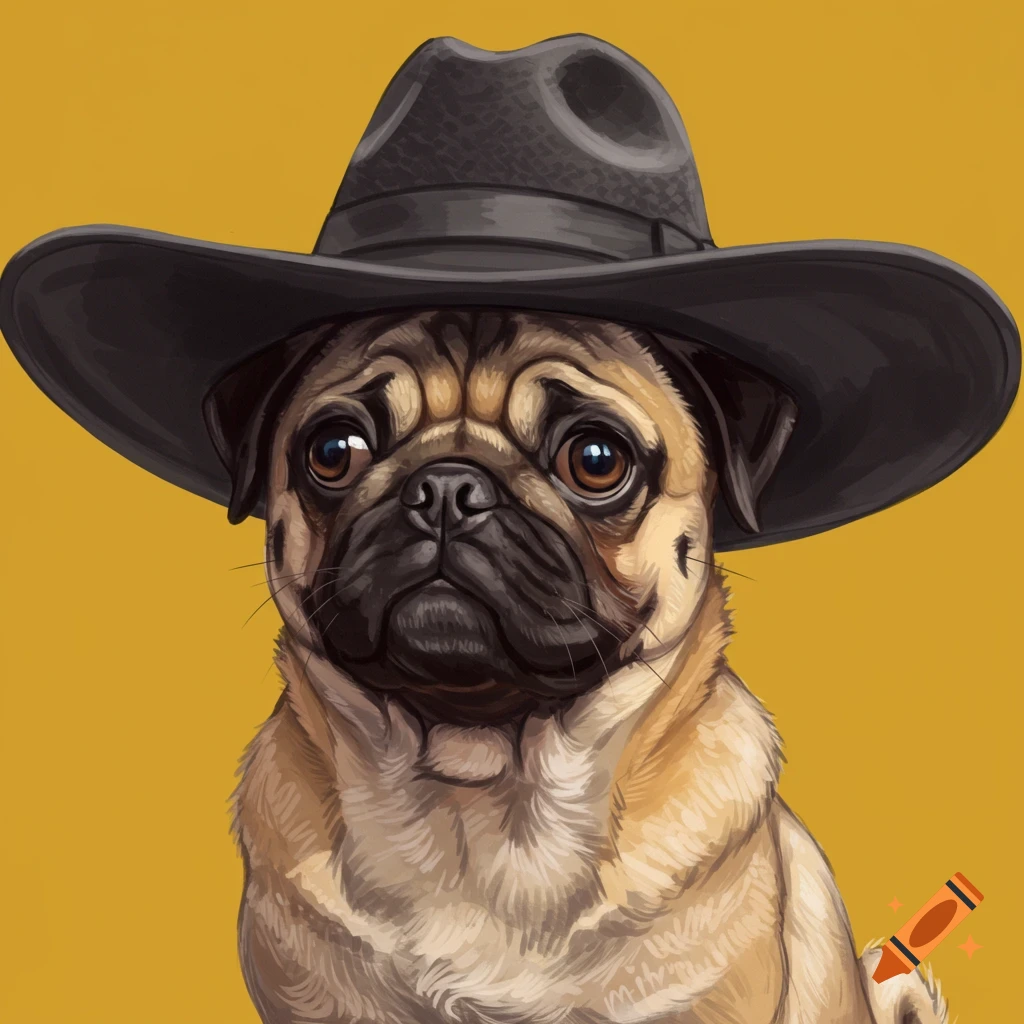A pug dog wearing a black hat