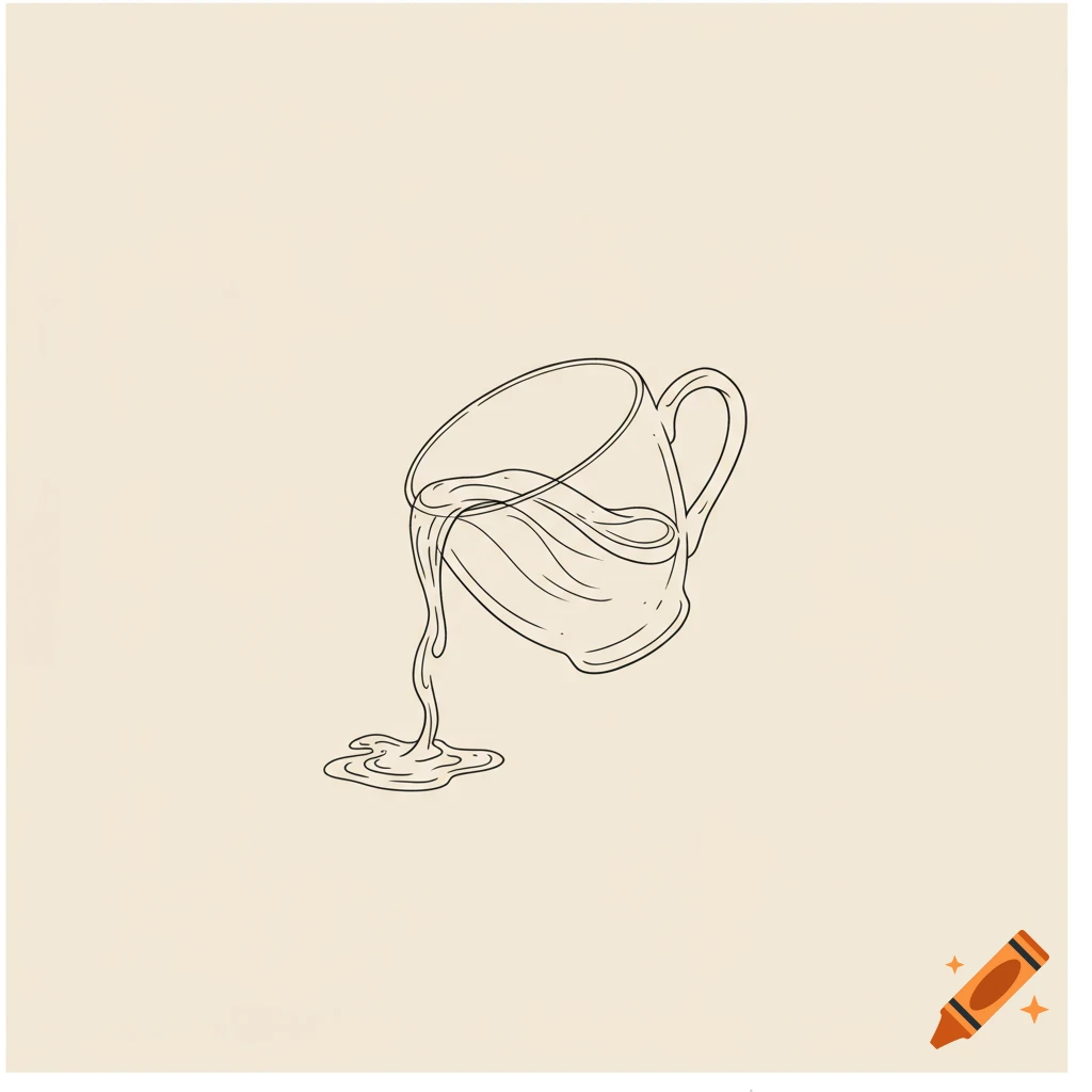 Line art of a tilted cup overflowing with water